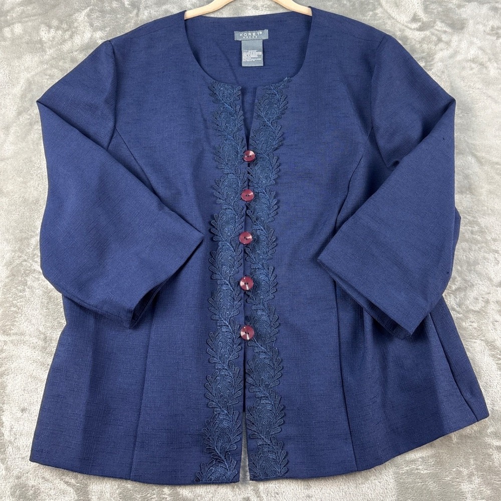 Koret Top Womens 18 Navy Blue Lace Trim Button Front EUC